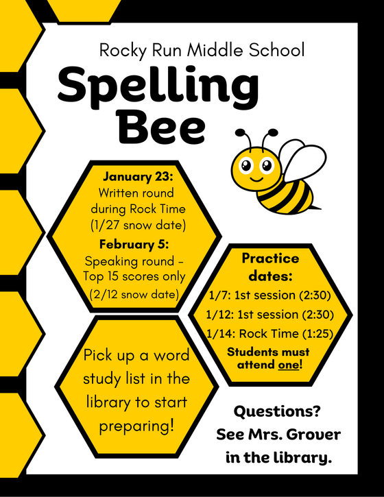 Spelling Bee Flier with dates for practices, the written round, and the speaking round
