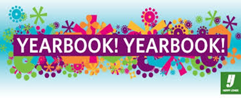 A colorful graphic that says Yearbook! Yearbook!