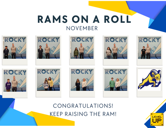 Pictures of individual Rams on a Roll winners with school administrators in front of a Rocky Run background