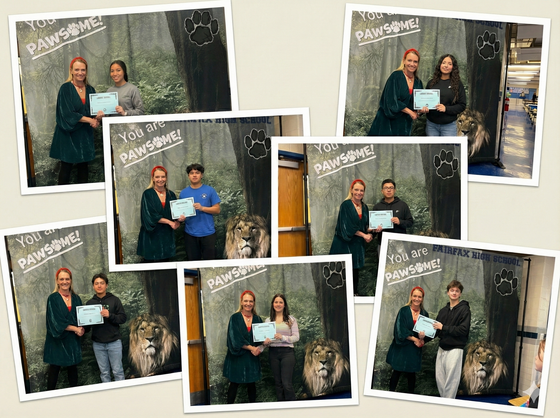Collage of the Fairfax HS Principal presenting 'Lions Take the Lead' certificates to students at the Lions on the Rise event.