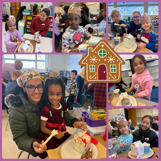Collage of kindergarten students making gingerbread houses with visiting guests.
