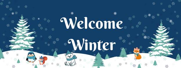 Welcome Winter cartoon scene with trees, snow, a penguin, squirrel, polar bear, and fox