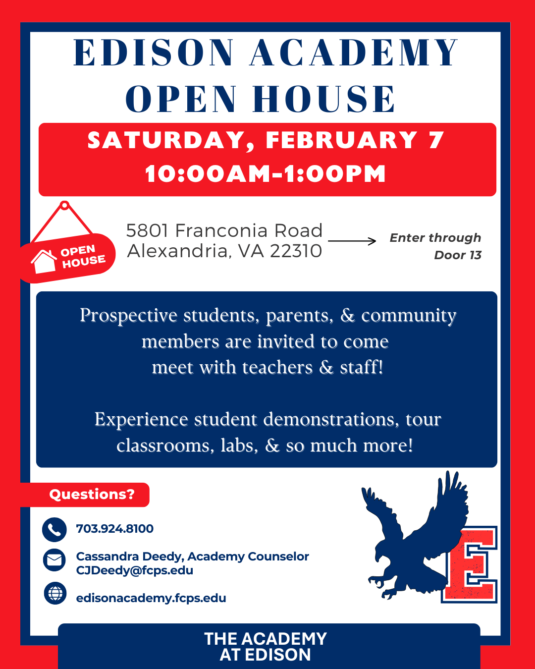 graphic with details of the open house in the colors of red, white, and blue with an eagle image and students at a registration table