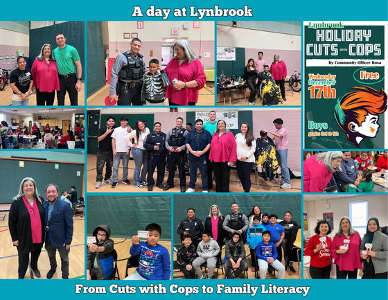 Cuts with Cops and Winter Literacy Celebration Collage of students, staff, parents and community members