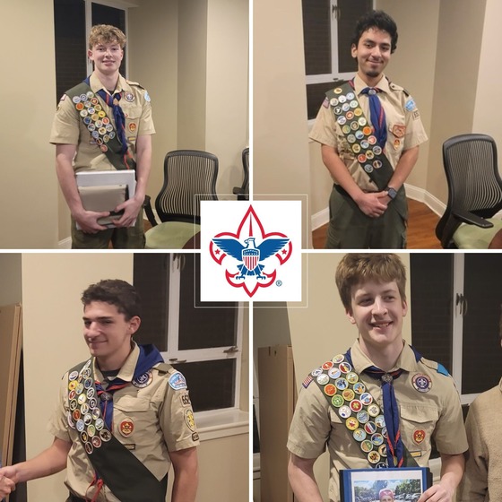 A picture collage with photos of four young men in scouting uniforms