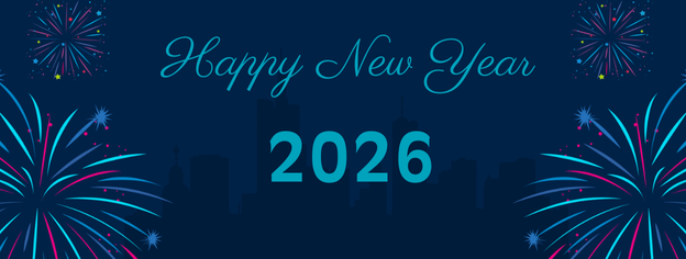 Happy New Year 2026 with shadow of skyline in background and illustrated fireworks