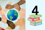 hands of varied colors circled around earth.  4 books stacked with number 4 on top