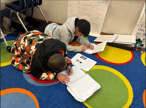 Two students sit on the carpet completing a science assignment 