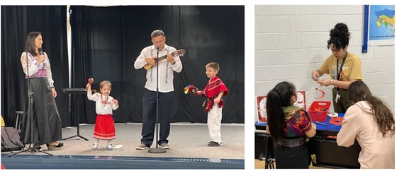 Family performing a song dressed in traditional Ecuadoran clothing and students completing a craft for Lunar New Year