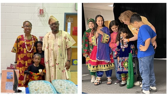 Family in traditional African clothing with food samples and students wearing colorful traditional clothing