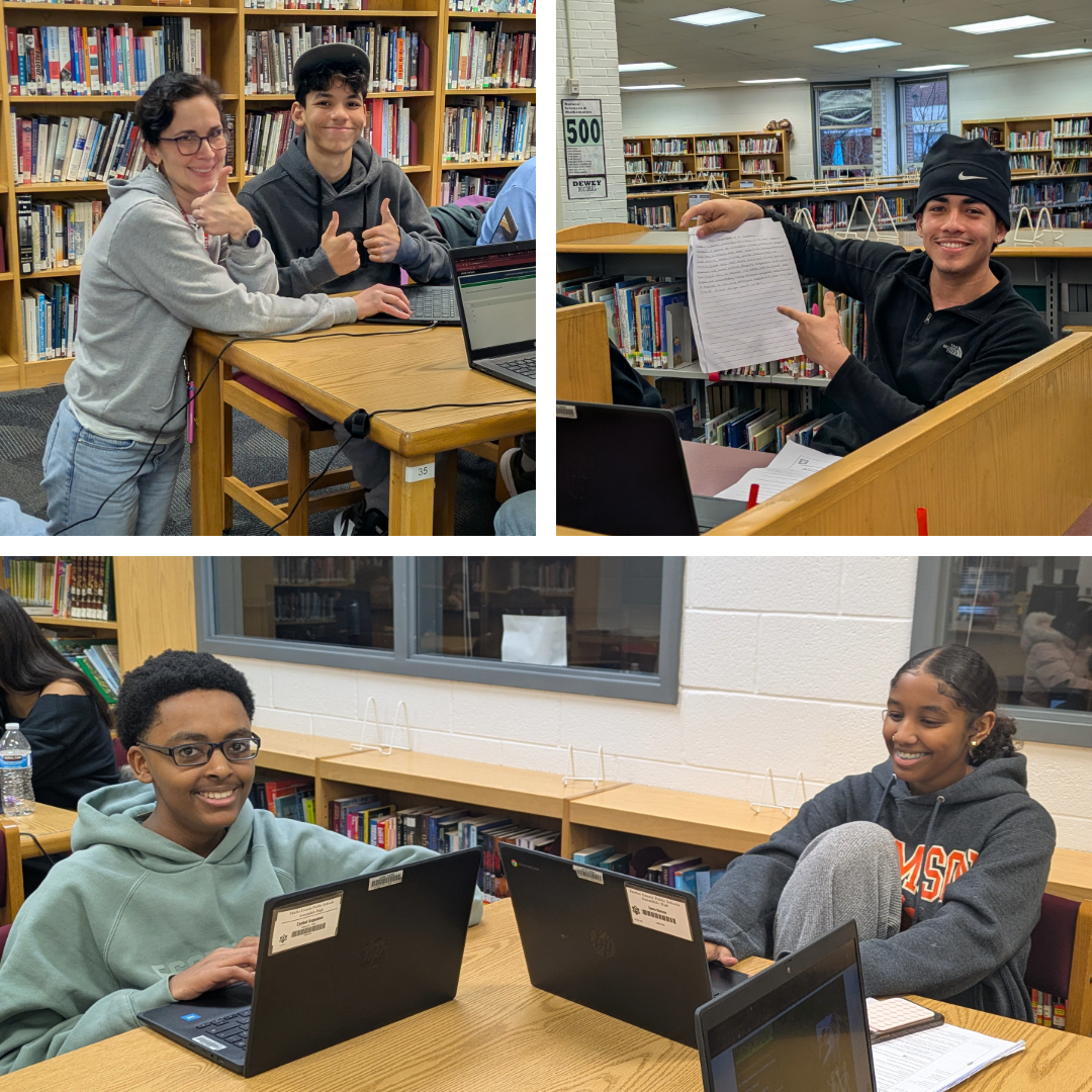 collage of students working in library