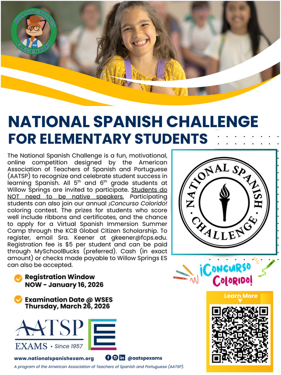 Willow Springs is excited to invite all 5th and 6th grade students to participate in the National Spanish Challenge!