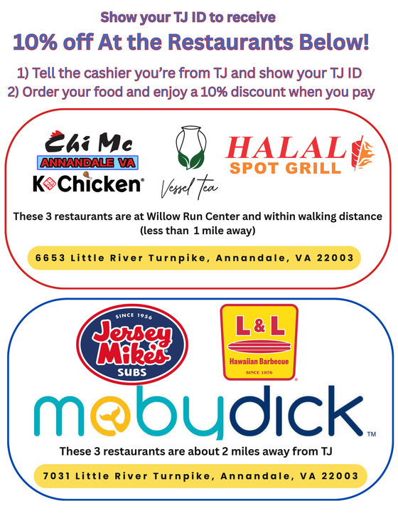 Flyer with restaurants that are offering TJ staff and students a 10 percent discount