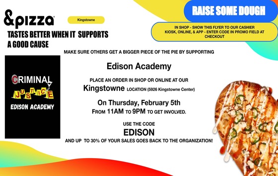 multi colored flyer with details about a fundraiser at &pizza, details in text above
