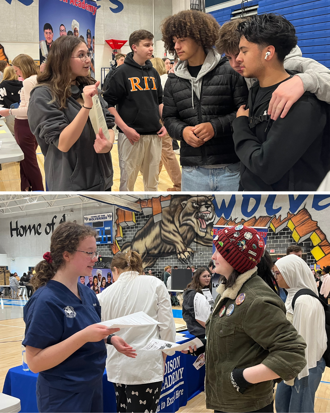 photos of students talking about course selection