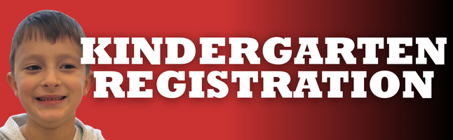 smiling boy with snow hills in background over red and black gradient and "KINDERGARTEN REGISTRATION" in white lettering