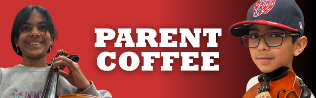 a girl and a boy holding string instruments in background over red and black gradient and "PARENT COFFEE" in white lettering
