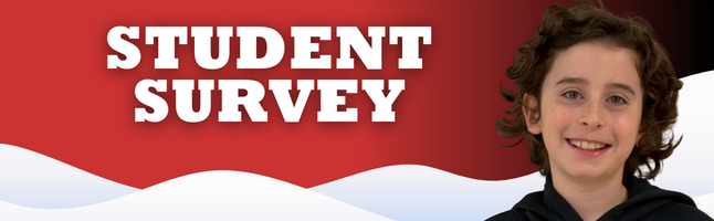 smiling boy with white snowy hills graphic in back on red and black gradient background with "STUDENT SURVEY" in white lettering