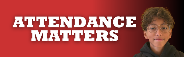 smiling boy on red to black gradient background with "ATTENDANCE MATTERS" in white lettering