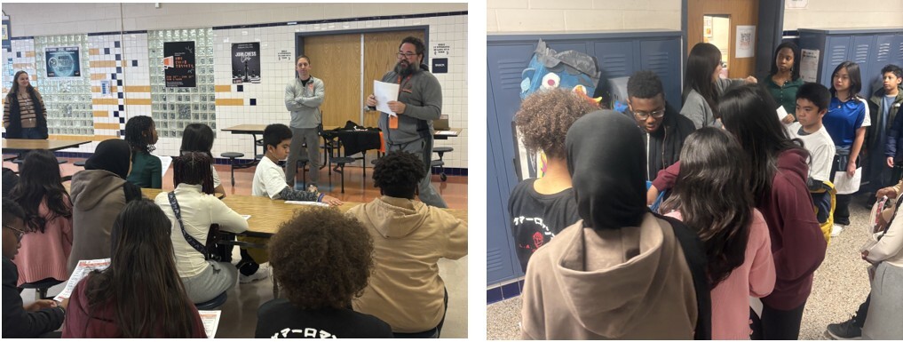 Groups of students in a middle school cafeteria listening to counselors and in a hallway filled with lockers and classrooms