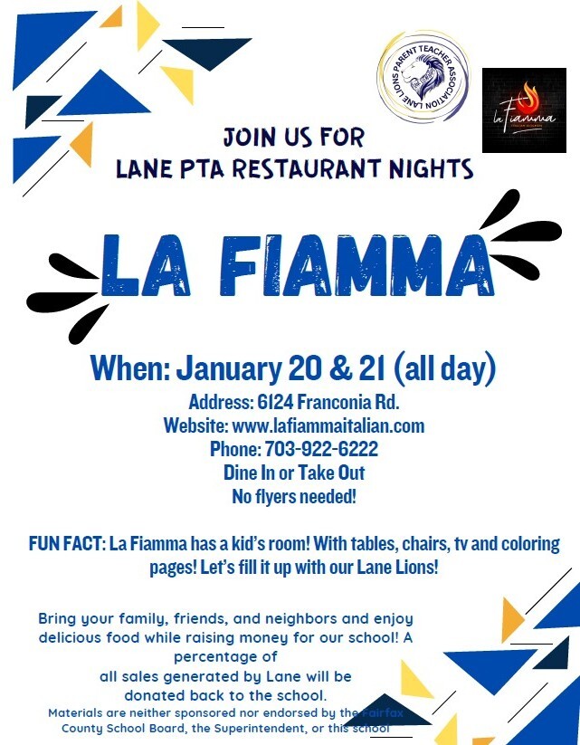 PTA Restaurant Nights (all day) at La Fiamma Italian Kitchen January 20 and 21