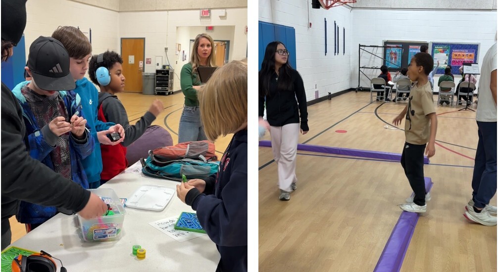 Students exploring fidgets and a balance beam