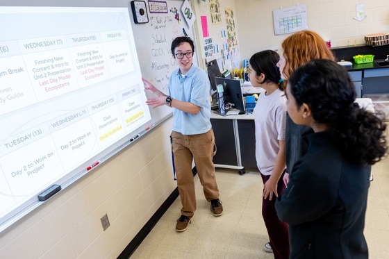 teacher pointing to the whiteboard white teaching students