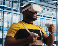 Adult employee using a VR headset to learn Trade skills