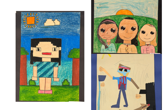 Student drawing with crayons of girl in block style, student drwing with colored pencils of three girls, student construction paper art