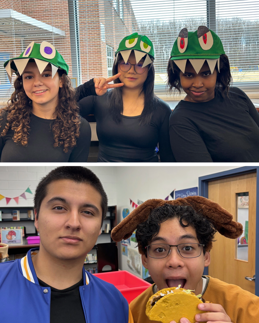 students in hats and pretending to eat a toco