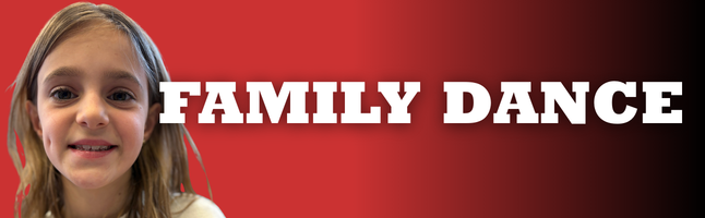 smiling girl on red and black gradient background with white lettering stating "FAMILY DANCE"