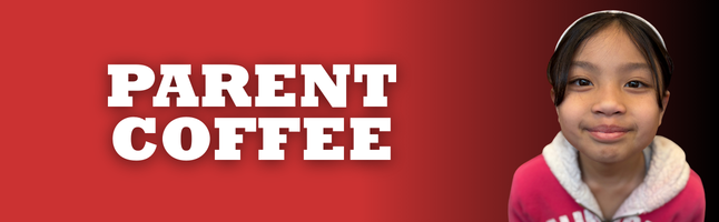 smiling girl on red to black gradient with white lettering stating "PARENT COFFEE"
