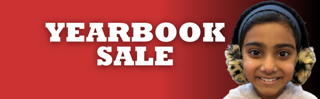smiling girl on red to black gradient with white lettering stating "YEARBOOK SALE"