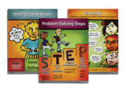 3 colorful book covers showing second step program titles including "How to calm down", "Problem-Solving Steps" and "Empathy"