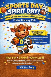 A cartoon bull wearing a jersey and playing different sports