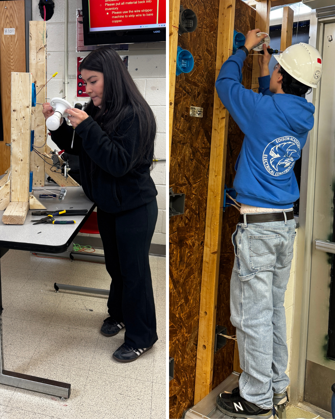 photos of students demonstrating electrical skills