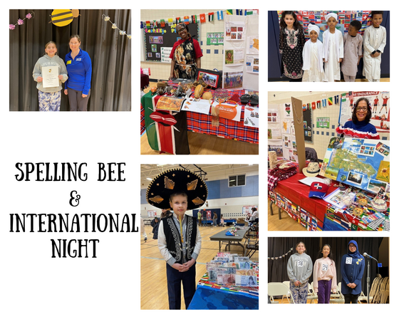 Pictures of International Night tables and students, pictures of spelling bee winners