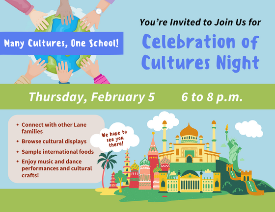 Celebration of Cultures Night invitation, with picture of different international places