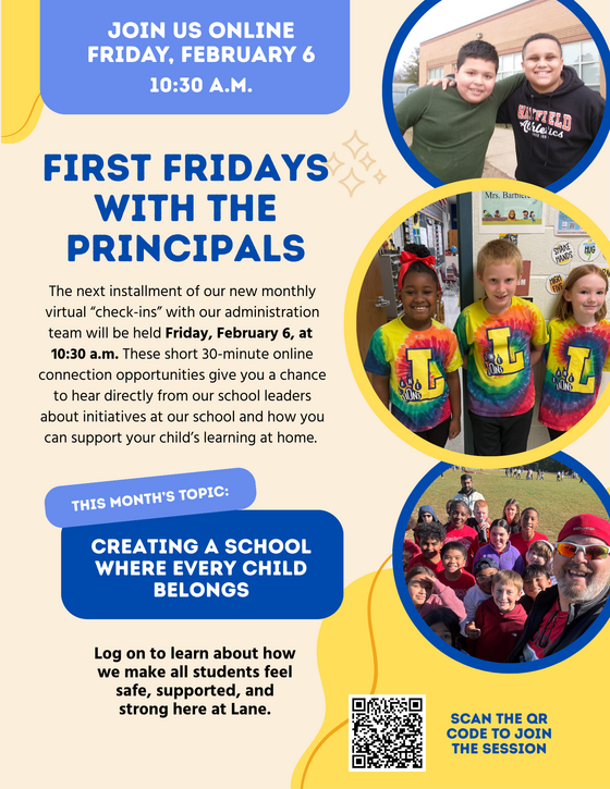 Flyer for First Friday with the Principals, February 6, 10:30 a.m.