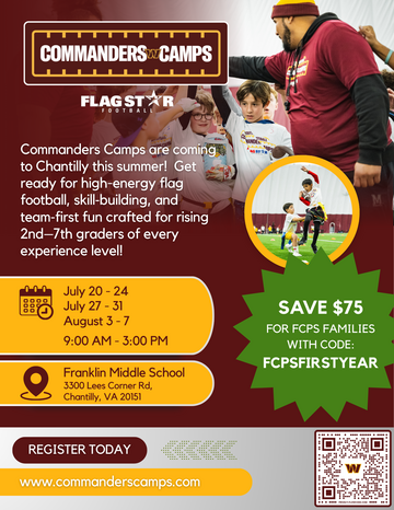 Flyer about Commanders football camp at Franklin MIddle School this summer. Information is found in the text blurb.