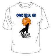 White Basketball Tshirt with Oak Hill name and wolf logo