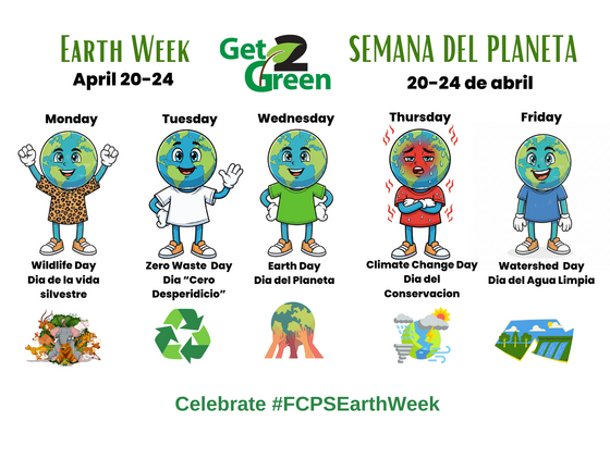 Earth Week banner with the colors and themes for each day represented by figures with globe heads wearing the color for the day