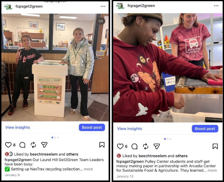 Laurel Hill students recycle plastic film through NexTrex. Pulley Center students make paper with Arcadia Center for Agriculture.