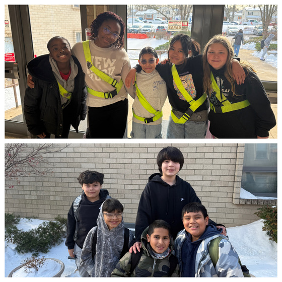 Safety Patrols and Students waiting in the snow