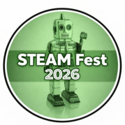 STEAM Fest 2026 logo featuring a vintage-style toy robot on a green circular background.