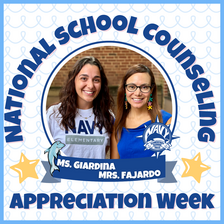 Image of two women smiling in a blue circle frame with the words National School Counseling Appreication Week around the frame