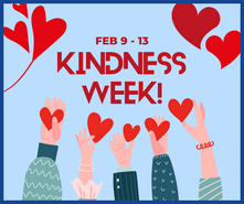 Kindness Week, Feb 9-13. Illustration of diverse hands holding red hearts against a light blue background