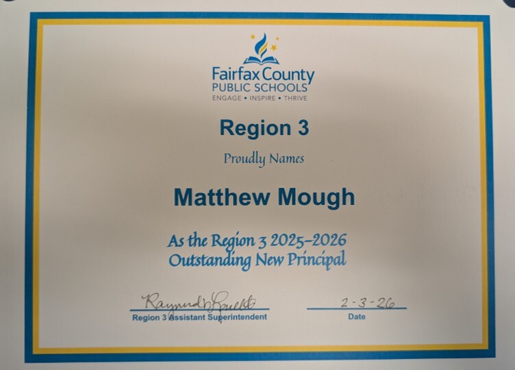 a photo of the certificate naming Matt Mough Region 3's Outstanding New Principal for the 2025-2026 school year
