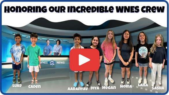 Seven WNES crew members Luke, Caden, Aaranyav, Diya, Megan, Noria, Lana, and Sasha in a news studio