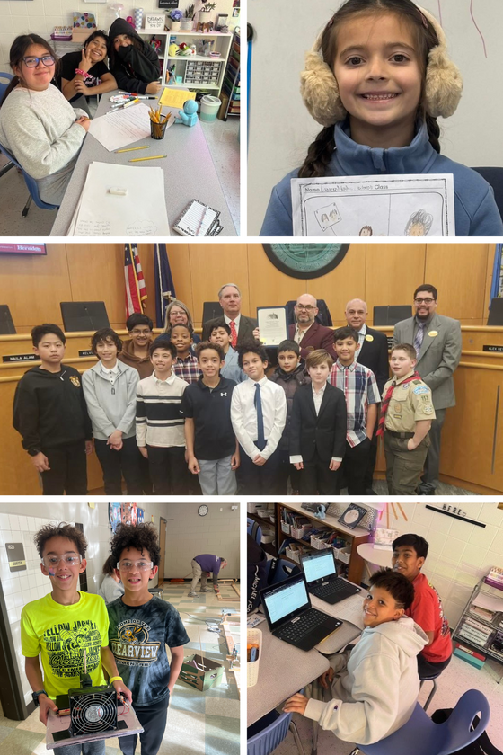 Science Olympiad kids at town hall, students doing work on laptops, student holding up writing and winning hovercraft at science olympiad